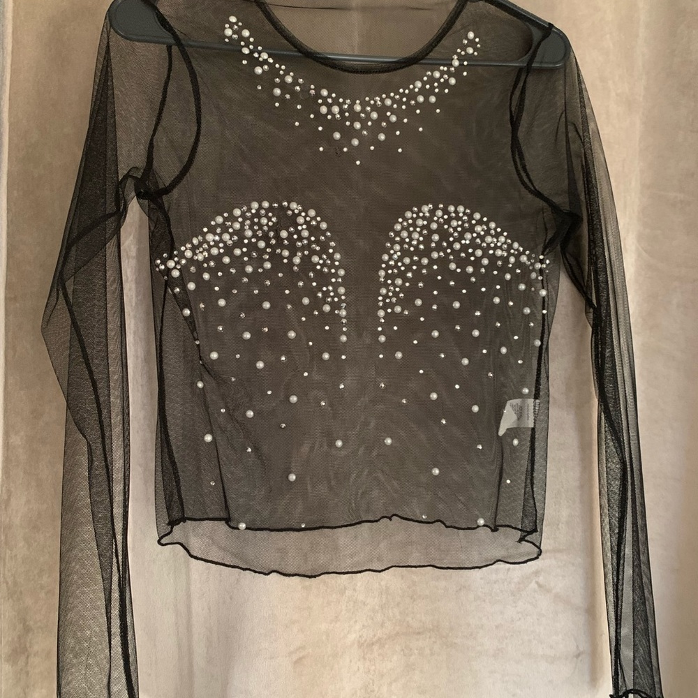 Small Black Mesh long sleeve  top with gem embellishments 🍒💎